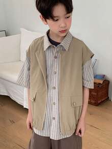 DAZY Tween Boy's Casual Solid Color Sleeveless Jacket, Summer Spring - Khaki - View 7