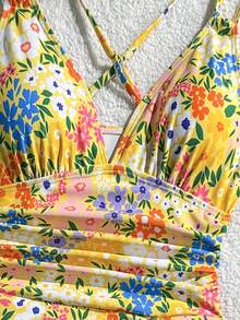 Swim Vcay Women's Summer Beach Floral Print Drawstring Criss-Cross V-Neck Ruffle Skort Swimsuit Cover Up - Multicolor - View 8