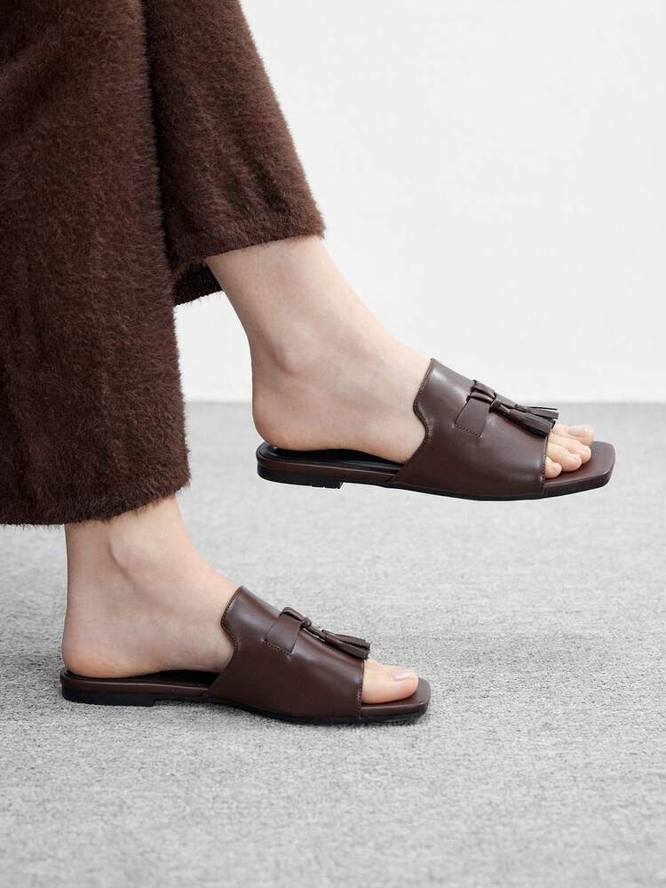 CUCCOO BIZCHIC Women's Fashion Versatile Tassel Decor Coffee Color Flat Slide Sandals, Lightweight And Comfortable Slip-On Flat Sandals Spring Shoes
