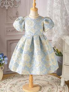 Glamorique Kids 少女花卉提花圆领花瓣袖优雅派对连衣裙 - 藍色 - 查看 6