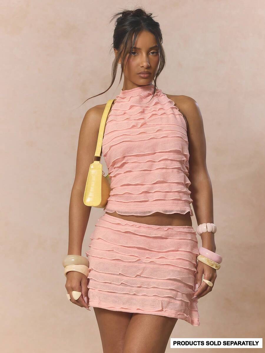 MUSERA 高领露背层叠荷叶边针织上衣套装（仅上衣）可爱春日假日少女风 Sugar Salt - 粉色 - 查看 1