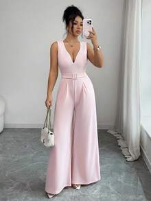 Balvessa Women's 2026 Spring/Summer New Lace Waist Jumpsuit - Baby Pink - View 5