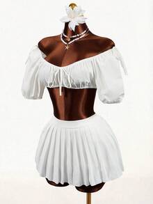 Mistrie Women's Solid Color Off Shoulder Short Petal Sleeve Front Tie Cropped Fashionable Top - White - View 4