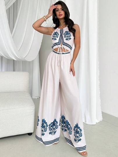Firerie Women's Elegant Bohemian Vacation Beach Country Vintage Print Hollow Out Tie-Up Sleeveless High Waist Wide Leg Jumpsuit, Spring/Summer