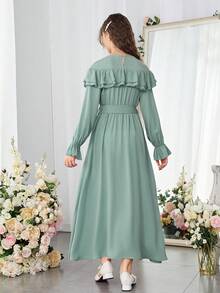 SHEIN Pitira Teen Girls Ruffle Trim Flounce Sleeve Belted Dress Graduation Dress - Mint Green - View 2