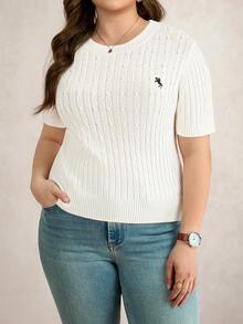 Comfylo Plus Size Women's White Cable Knit Top,Summer Casual Short Sleeve Round Neck Pullover,Knight Pattern Slim Fit Sweater For School & Back-To-School - White - View 3