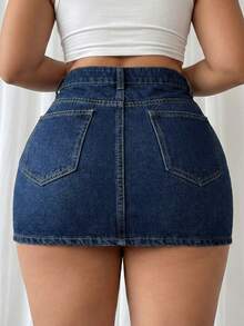 SHEIN ICON Women's Casual Everyday Denim Skirt With Pockets And Buttons - Dark Wash - View 2