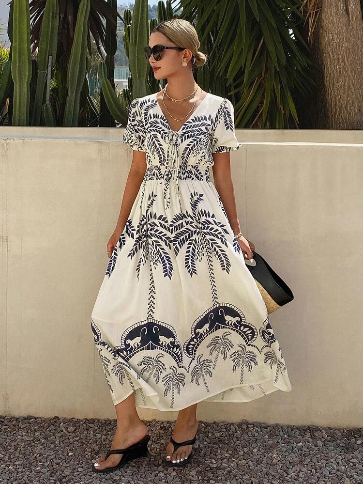 Women's Elegant Floral Shirred Tie-Waist Mid-Length Dress, Summer Boho