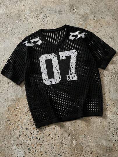 GALLERY FADE Men's V-Neck Short Sleeve Hollow-Out Casual Knit Top Y2k Tops Men Fishnet Shirt Men Number Shirt Mesh Men Top Mesh Jersey