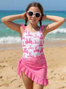 SHEIN Tween Girl 2pcs Knitted Swimwear Set, Cute Bow Print, Shoulder Strap Design, Ruffle Hem, Suitable For Swimming, Vacation, Beach Wear, Children Swimwear Set, Summer Holiday, Pink Bodysuit Swimwear - Pink - View 2