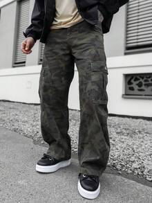 Artur Kramer Jeans anchos de camuflaje con múltiples bolsillos y efecto desgastado, de corte holgado y casual para hombre - Verde militar - Ver 4
