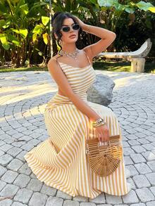 SHEIN SXY 条纹黄色不对称露腰休闲度假连衣裙，夏季，春季，度假，海滩，外出，休闲，夏日连衣裙，条纹，条纹长裙，长款太阳裙，夏季，春季，度假，海滩，伊比沙岛，漂亮穿搭，夏季穿搭，女士休闲连衣裙，女士夏季穿搭，女士夏季连衣裙 - 黃色 - 查看 3