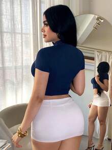 SHEIN SXY Áo thun nén thể thao màu xanh hải quân, khóa kéo phía trước. - Màu xanh lam - Xem 2