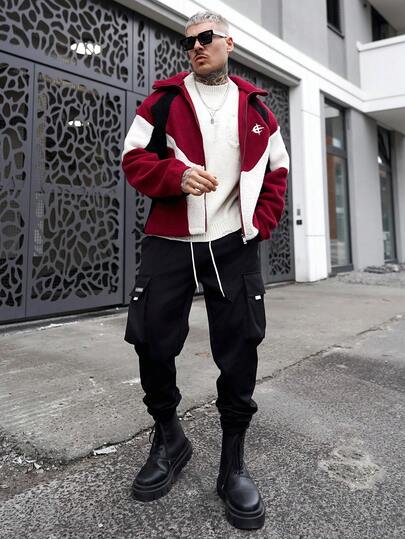 Artur Kramer Men's Contrast Color Patchwork Zip-Up Hooded Long Sleeve Jacket, Autumn/Winter Y2k Zip Up Street Wear Jacket