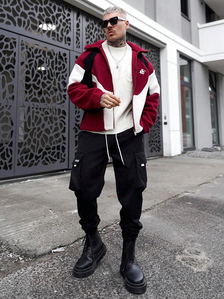 Artur Kramer 男士撞色拼接拉链连帽长袖夹克，秋冬季Y2K拉链街头风夹克 - 紅色 - 查看 1