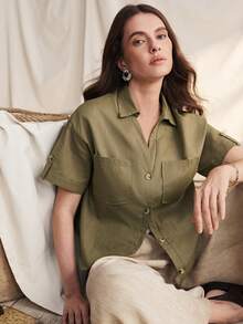 Zovinel 女士休闲纯色短袖衬衫，夏季百搭 - 橄欖綠 - 查看 7
