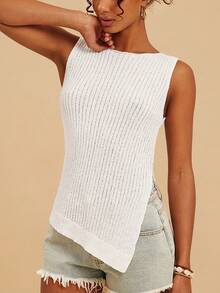 Travachic Nuevo Llegada Primavera/Verano 2026, Chaleco de punto asimétrico sin mangas con diseño calado para mujer, ideal para vacaciones - Blanco - Ver 2