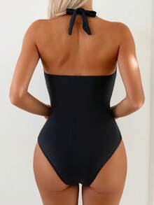 Bonvoyette 女士纯色休闲度假连体泳衣 - 黑色 - 查看 2