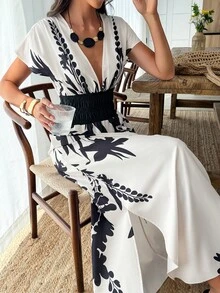 Louniche 女士植物印花撞色主教袖修身连衣裙 - 彩色 - 查看 5