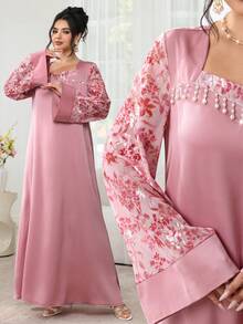 Al Najma Đầm ren tay xòe phối màu tương phản thanh lịch, thích hợp cho mùa xuân/hè. - Hồng - Xem 8