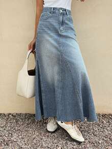 DAZY Falda vaquera elegante con dobladillo de cola de sirena y deshilachado, cintura regular, estilo Y2K para mujer - Azul lavado medio - Ver 5