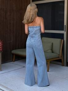 DAZY Bộ áo liền quần mùa hè không dây vai, dáng rộng, chất liệu denim mài, kiểu dáng thường ngày dành cho nữ. - Rửa nhẹ - Xem 3