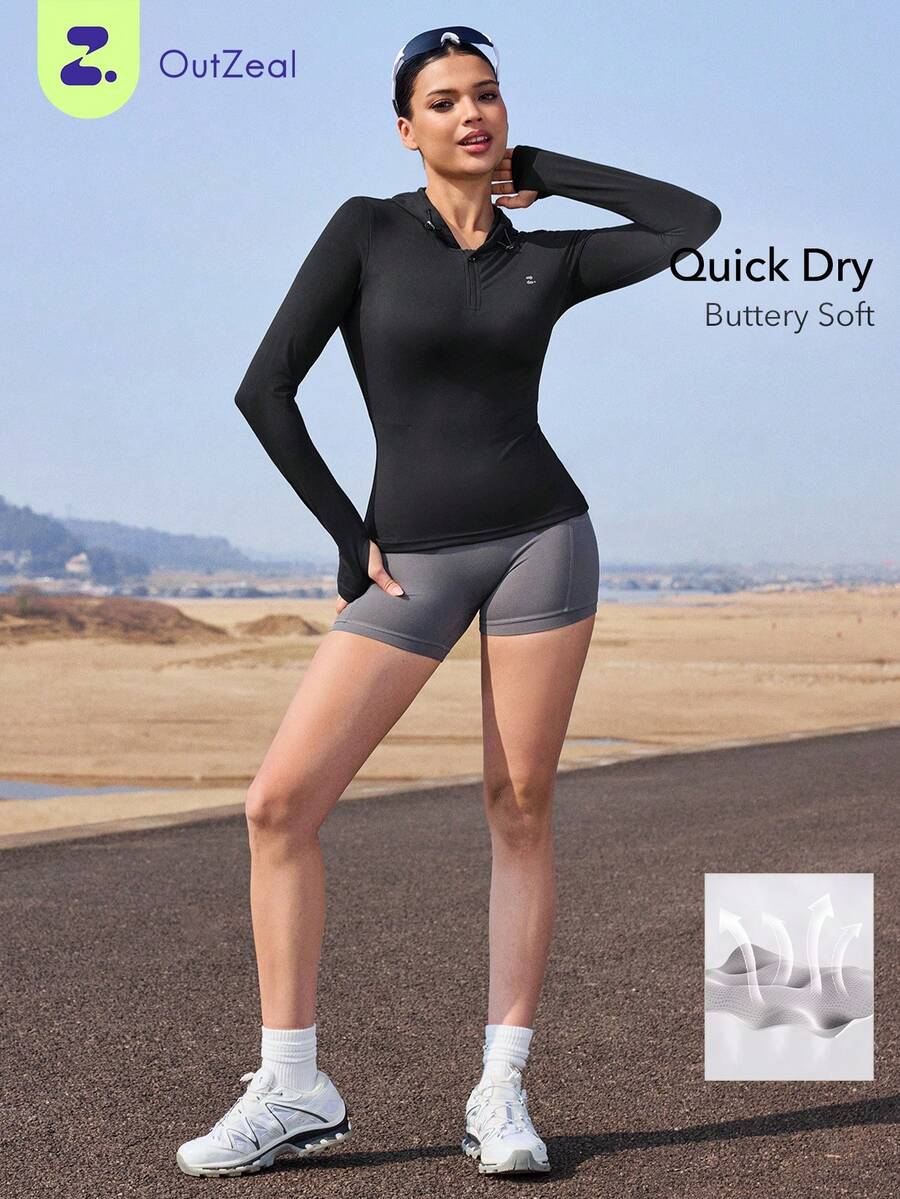 OutZeal Women Sports Jackets Running Gym Pilates Quick Dry Stretch Slim Zip Up Hood Active Tops - Black - View 1