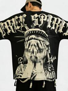 ROMWE MEN Street Life 男士街头风蝙蝠袖印花T恤，适合日常穿着，春夏款 - 黑色 - 查看 5