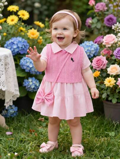 Souflis Souflis 3pcs/Set Spring&Summer Baby Girl Casual Words Embroidery Sleeveless Top&Solid Color Half Open Collar Dress&Bowkont Decoration Collared Baby Girl Dress Baby Girl Summer Dress Pink Bow Baby Dress Baby Girl Dresses With Collar Baby Elegant Clothes