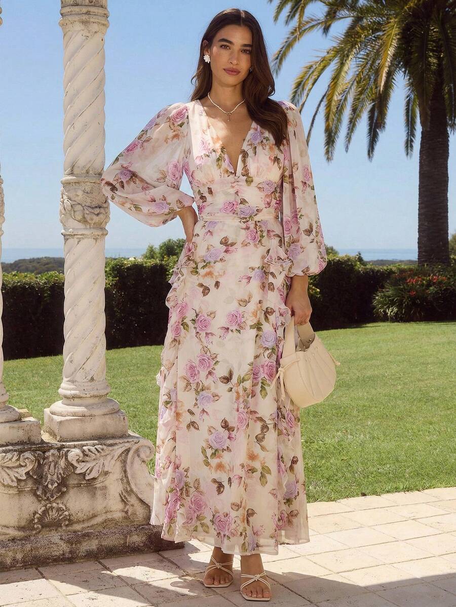 Enchnt 春夏浪漫女士杏色和紫色玫瑰印花深 V 领长袖荷叶边长裙，甜美优雅，适合度假、约会、节日、派对、毕业典礼、婚礼宾客和海滩，舞会礼服，女士夏季连衣裙，女士太阳裙，夏季服装，优雅的派对连衣裙 - 橘色 - 查看 1