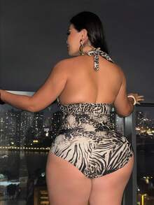 Swim SXY 2026 New Plus Size Halter Neck One-Piece Swimsuit, Sexy Deep V-Neck Backless Leopard Print, Fashion Party Beach Holiday - Brown - View 2