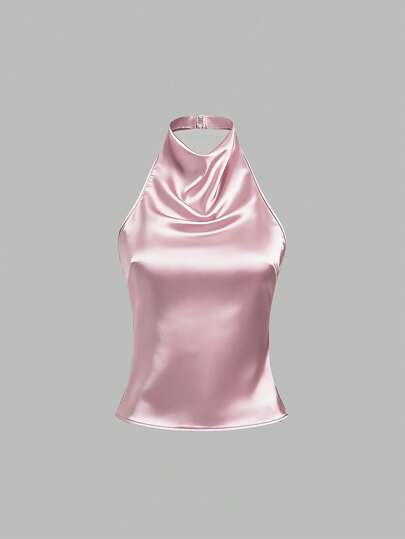 Sweetra Women's Solid Color Minimalist Backless Tie Strap Camisole For Daily Wear