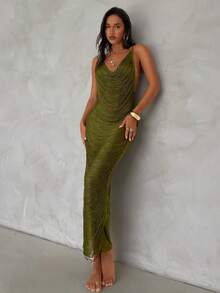 Aloruh 女士春夏新款绿色罩衫连衣裙，橄榄绿连衣裙，深V流苏连衣裙，奢华装饰派对连衣裙，性感优雅薄纱沙滩裙 - 橄欖綠 - 查看 3