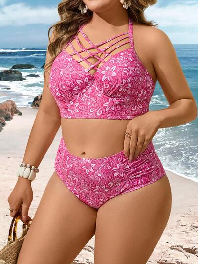 Swim Lushoire 大码女士印花比基尼套装，欧美成熟风格