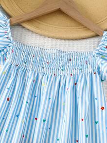 SHEIN Young Girl Woven Striped & Ditsy Floral Square Collar Ruffle Hem Casual Dress - Blue and White - View 4