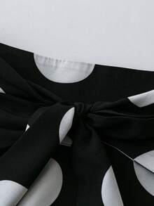 Olithes 女士优雅圆点印花系腰 A 字中裙，秋季 - 黑與白 - 查看 4