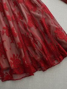 Olithes Đầm chữ A cổ đứng tay chuông ren đính kim cương gợi cảm, thích hợp cho mùa xuân/hè và các bữa tiệc dịp năm mới. - Đỏ - Xem 5