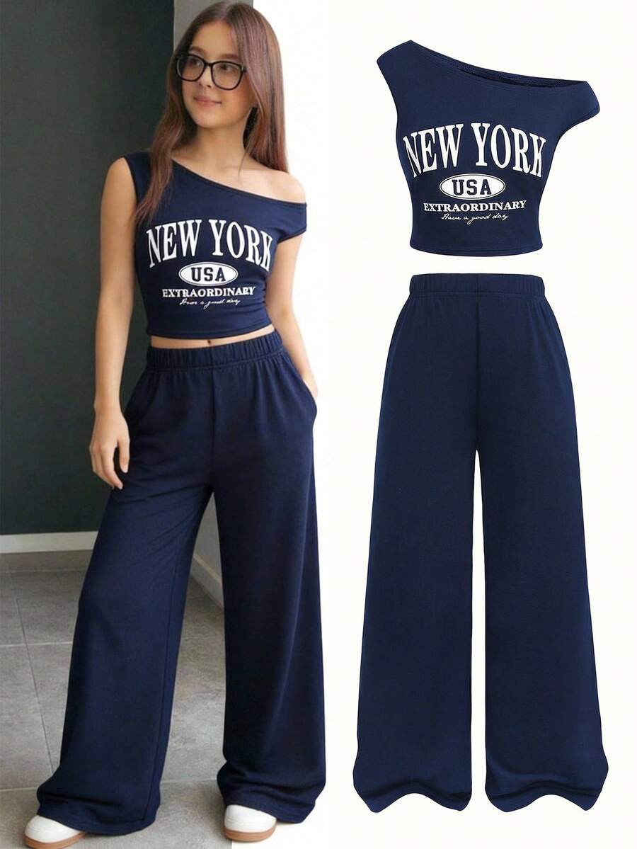 Girlism 少女休闲字母印花不对称领口T恤和裤子套装，夏季 - 藏蓝色 - 查看 1