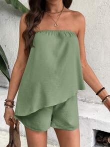 SHEIN Bộ đồ bầu 2 món gồm áo ống và quần short màu trơn, vạt bất đối xứng. - màu xanh lá - Xem 3