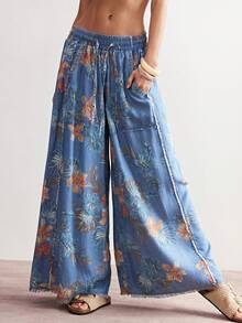 SHEIN BohoFeels Boho Spring/Summer, Vintage Women's Casual Woven Bohemia Vintage Floral Print Vintage Washed Wide Leg Pants, Casual Vacation, Western Country Style Concert Party, Suitable For Beach Vacation & Daily Wear & Back To School & Going Outs & Party & Graduation, 2000s, Y2Ks, Summer Holidays - Blue - View 5