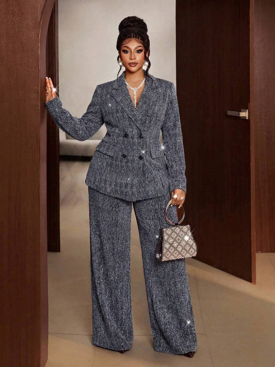 Maweii Bộ đồ cỡ lớn phong cách cổ điển lãng mạn thanh lịch đính sequin gồm áo khoác và quần hai hàng cúc, gồm 2 món. - Bạc - Xem 1