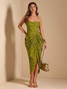 SHEIN BAE Vestido elegante y sexy para mujer con detalles de halter, lazo y abertura lateral alta, en tejido jacquard de color verde sólido, adecuado para vacaciones, citas, festivales de música, cumpleaños, brunch, invitados de boda, damas de honor - Verde - Ver 4