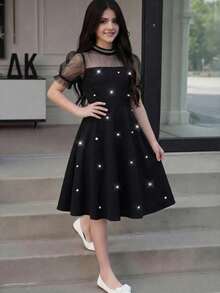 优雅奢华黑色网纱串珠连衣裙，适合晚宴、婚礼、花童、舞会及其他场合。 - 黑色 - 查看 11