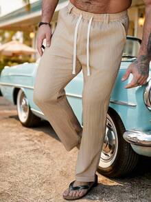 VENTUSAIL 男士休闲裤，杏色梭织绉纱面料，通勤百搭，时尚舒适，适合送给男友/老公，周年纪念礼物，男士经典款，日常休闲，周末旅行，户外活动，探险旅行，轻松的工作环境或半正式场合，男友/老公礼物，周年纪念/生日礼物，派对，夏季假期，婚礼，春夏，狂欢节，男士宽松版型纹理面料长裤，卡其色抽绳腰带，男士抽绳裤，男士米色长裤，男士亚麻裤，奶油色慢跑裤，条纹裤 - 杏色 - 查看 3