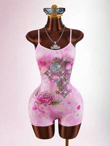 Amplova Women's Cross Rhinestone & Floral Print Camisole Backless Bodycon Romper - Pink - View 7