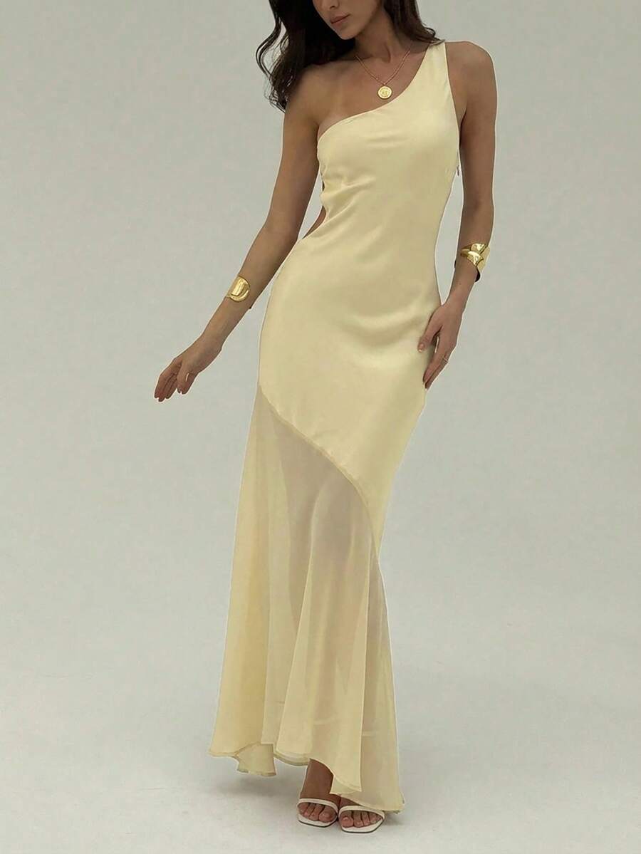 Aloruh 女士优雅性感纯色黄色吊带露背系腰缎鱼尾连衣裙，适合春夏、度假、毕业典礼、婚礼、约会、派对等场合。