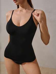 Veilyse Women Seamless Shaping Top, Sexy Deep V-Neck, Bodycon, Backless, Waist & Tummy Control, Camisole, No Bra Pad - Black - View 9