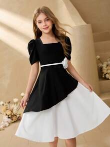 Tween Girl Colorblock Square Neck Petal Sleeve Dress With 3D Floral Decor - Black - View 8