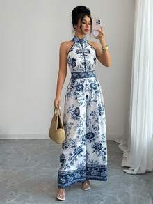 Elenzga Women's Blue Digital Positioning Print Halter Sleeveless Pleated Wide Leg Pants, Relaxed Fit High-End Elegant Fitted Jumpsuit, Spring/Summer - Blue - View 7