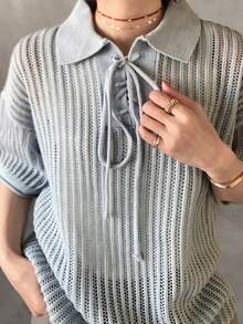 FRIFUL 女士休闲纯色镂空针织上衣，春夏款 - 藍色 - 查看 4